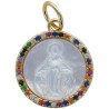 Médaille de couleur dorée en relief avec la Vierge Miraculeuse en coquille naturelle incrustée de pierres OZ Ø 1.5 cm.