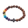 Bracelet sur élastique grains en bois et pierres multicolores Ø 8 mm et croix.