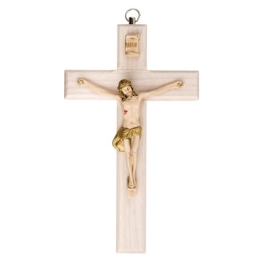 Crucifix en bois clair avec Christ en résine style bois, style bois..