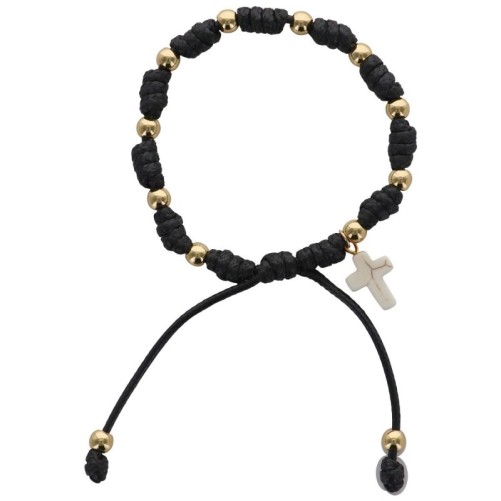 Bracelet dizainier sur corde réglable, grains dorés Ø 5 mm et croix