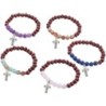 Bracelet sur élastique grains bois fonce et pierres mates naturelles Ø 8 mm. LOT DE 5 ASSORTIS.