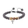 Bracelet sur corde reglable grains en pierre de lave poli et œil de tigre Ø 8 mm avec croix metal