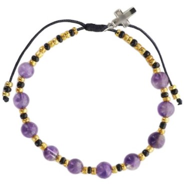Bracelet dizainier sur corde réglable, grains en pierre Ø 6 mm, avec croix en métal. Existe en différentes pierres.