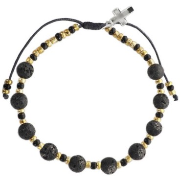 Bracelet dizainier sur corde réglable, grains en pierre Ø 6 mm, avec croix en métal. Existe en différentes pierres.
