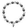 Bracelet sur elastique en hematite et pierre naturelle ou synthetique Ø 7 mm avec croix..