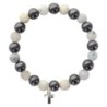 Bracelet sur elastique en hematite et pierre naturelle ou synthetique Ø 7 mm avec croix..