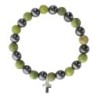 Bracelet sur elastique en hematite et pierre naturelle ou synthetique Ø 7 mm avec croix..
