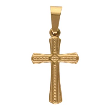 Croix de cou en acier inoxydable de couleur dorée en relief, H 1.90 cm.