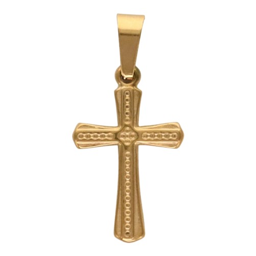 Croix de cou en acier inoxydable de couleur dorée en relief, H 1.90 cm.