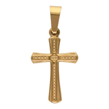 Croix de cou en acier inoxydable de couleur dorée en relief, H 1.90 cm.