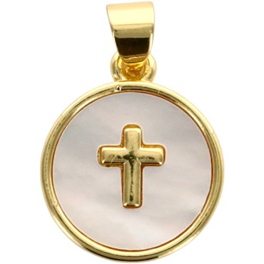 Médaille en laiton de couleur dorée avec croix et coquille naturelle, Ø 1.35 cm.