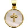 Médaille en laiton de couleur dorée avec croix et coquille naturelle, Ø 1.35 cm.