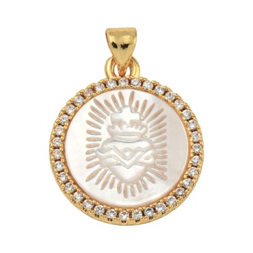 Médaille en laiton de couleur dorée avec coquille naturelle et zircons Ø 2.2 cm. Existe en différents Saints.