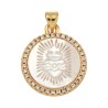 Médaille en laiton de couleur dorée avec coquille naturelle et zircons Ø 2.2 cm. Existe en différents Saints.