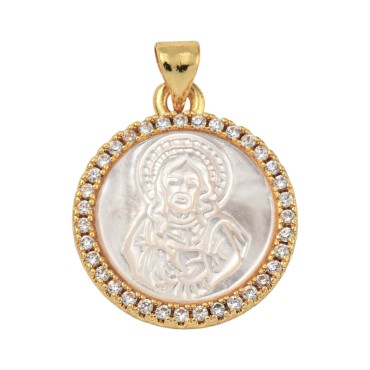 Médaille en laiton de couleur dorée avec coquille naturelle et zircons Ø 2.2 cm. Existe en différents Saints.
