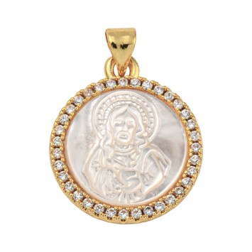 Médaille en laiton de couleur dorée avec coquille naturelle et zircons Ø 2.2 cm. Existe en différents Saints.