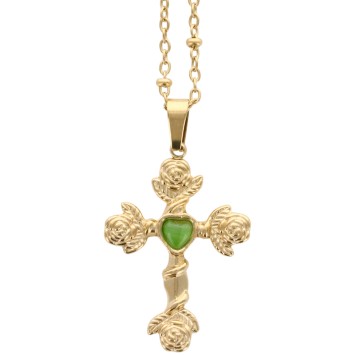 Collier avec chaîne et croix avec rose aux extrémités et cœur au centre, H 2.6 cm en acier inoxydable couleur dorée, ajustable.