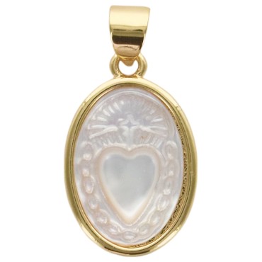 Médaille ovale de L'Ex-Voto, couleur dorée supérieur et coquille naturelle, H. 1.7 cm.