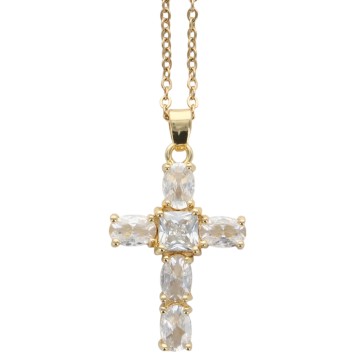 Collier avec chaîne en laiton de couleur dorée, L. 40 cm et croix avec zircons, H. 2.5 cm.