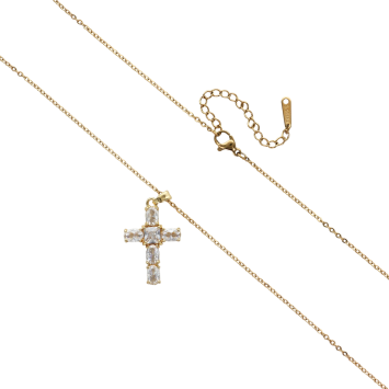 Collier avec chaîne en laiton de couleur dorée, L. 40 cm et croix avec zircons, H. 2.5 cm.