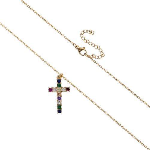 Collier avec chaîne et croix avec des pierres OZ de différentes couleurs H. 2.6 cm, en acier inoxydable, L 45 cm ajustable.