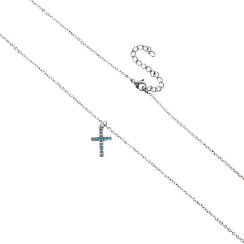 Collier avec chaîne et croix avec des pierres OZ bleu 1.6 cm en acier inoxydable de couleur argentée, L 45 cm ajustable.