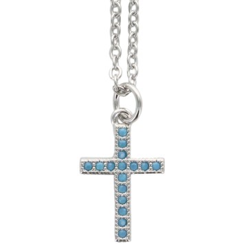 Collier avec chaîne et croix avec des pierres OZ bleu 1.6 cm en acier inoxydable de couleur argentée, L 45 cm ajustable.