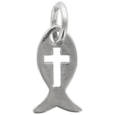 Pendentif Ichtus avec croix ajourée en laiton de couleur argenté, H. 1 cm.