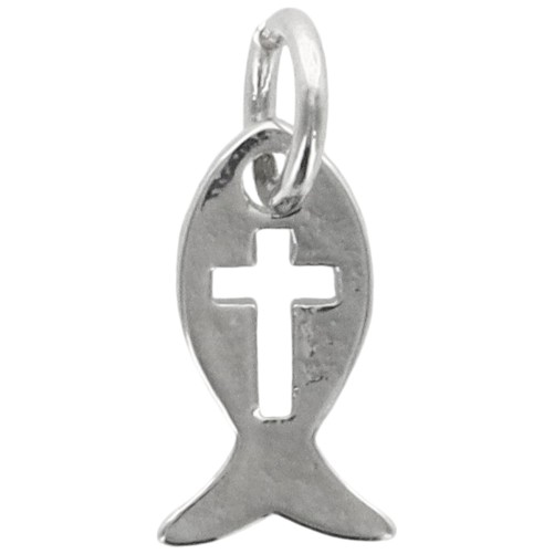 Pendentif Ichtus avec croix ajourée en laiton de couleur argenté, H. 1 cm.