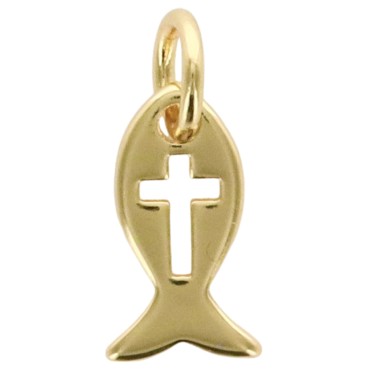 Pendentif Ichtus avec croix ajourée en laiton de couleur dorée, H. 1 cm.