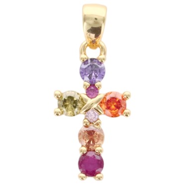 Croix de cou dorée supérieur avec zircons de différentes couleurs, H. 1.6 cm.