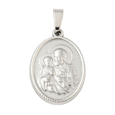 Médaille en acier inoxydable de couleur argenté, H. 2.1 cm. Existe avec différents Saints.