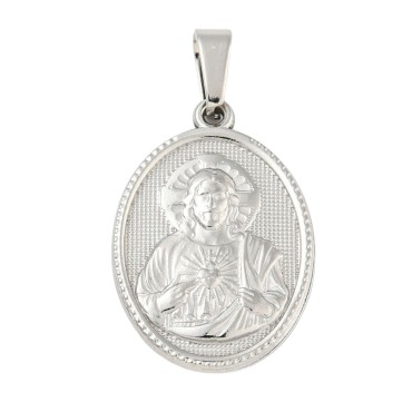 Médaille en acier inoxydable de couleur argenté, H. 2.1 cm. Existe avec différents Saints.