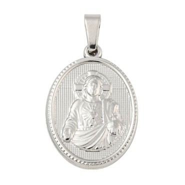 Médaille en acier inoxydable de couleur argenté, H. 2.1 cm. Existe avec différents Saints.