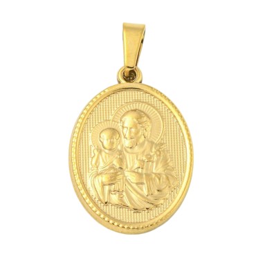 Médaille en acier inoxydable de couleur dorée, H. 2.1 cm. Existe avec différents Saints