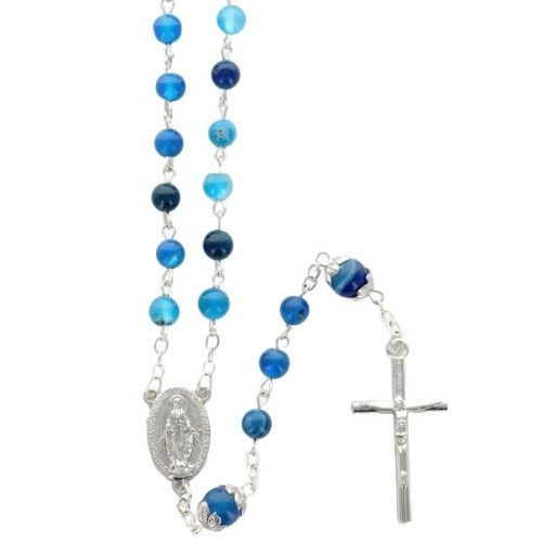Chapelet grains en pierre 6 mm, chaîne argentée, croix avec Christ, 36,5 cm au cœur. Différentes pierres disponibles..