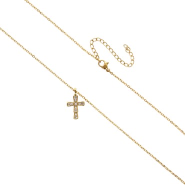 Collier avec chaîne et croix avec des zircons en acier inoxydable de couleur dorée, L. 45 cm ajustable.