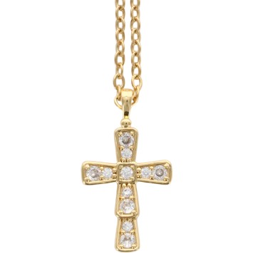 Collier avec chaîne et croix avec des zircons en acier inoxydable de couleur dorée, L. 45 cm ajustable.