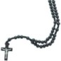 Chapelet sur corde, grains ronds noirs Ø6 mm avec fermoir, longueur jusqu’au cœur : 27 cm, croix en bois avec Christ...