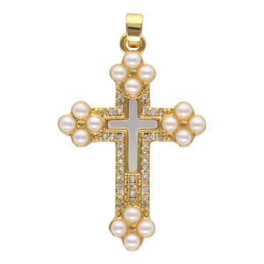 Croix de cou dorée supérieur avec imitation perle, H. 3.4 cm.