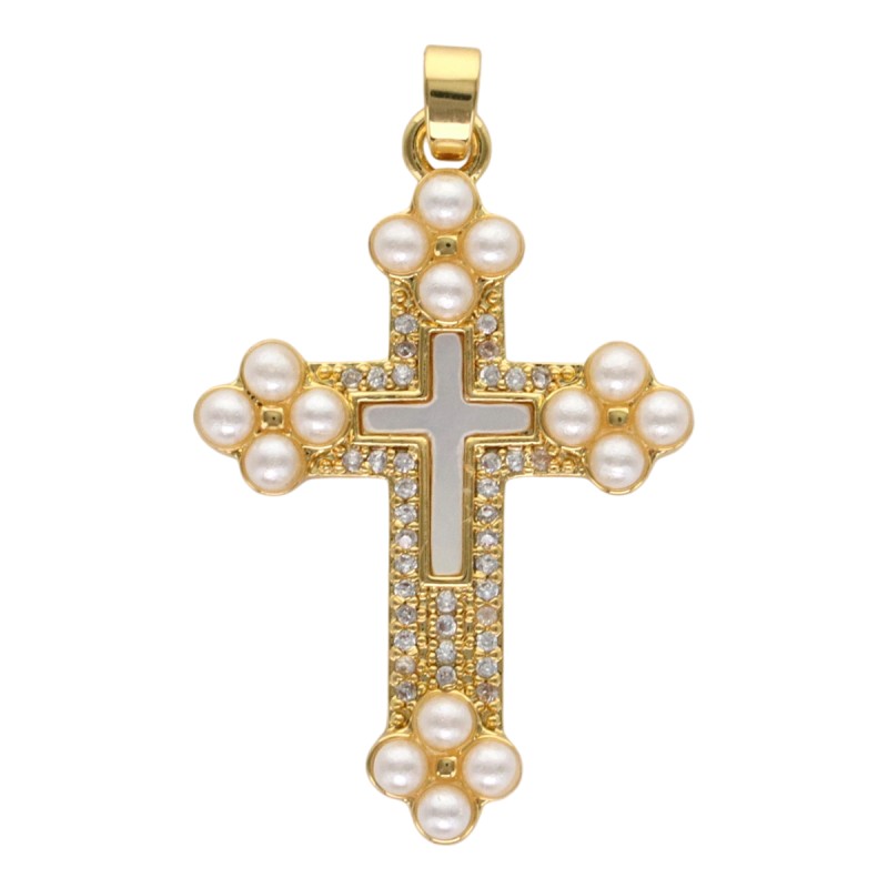 Croix de cou dorée supérieur avec imitation perle, H. 3.4 cm.