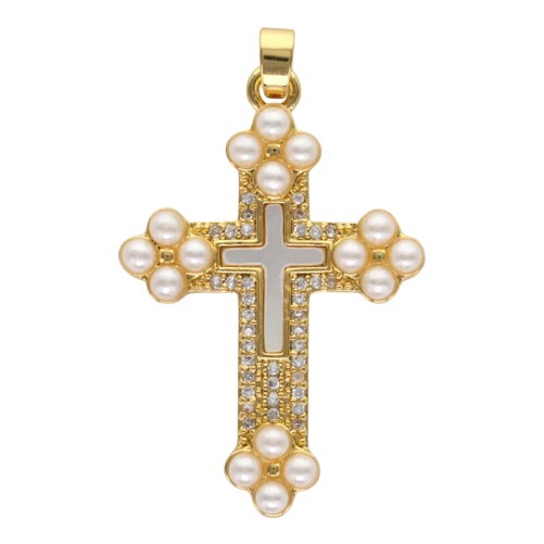 Croix de cou dorée supérieur avec imitation perle, H. 3.4 cm.