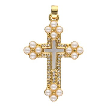 Croix de cou dorée supérieur avec imitation perle, H. 3.4 cm.