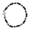 Bracelet sur élastique, grains ronds Ø 4 mm, pierre de lave naturelle & pierre synthétique, croix avec strass. Lot 5 assortis.