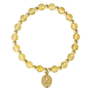 Bracelet sur élastique grains rond en verre Ø 6 mm avec médaille de la V. Miraculeuse de couleur dorée. Différentes couleurs
