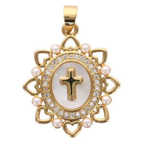 Médaille et croix dorée supérieure avec coquille naturelle, grains nacres blancs et zircons, Ø 2 cm..