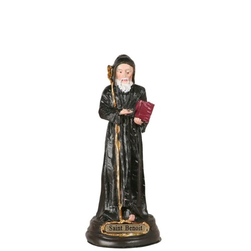 Statue de saint Benoît en résine peinte à la main.