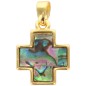 Croix de cou carrée en laiton de couleur doré et coquille d'ormeau, H. 1.3 cm.