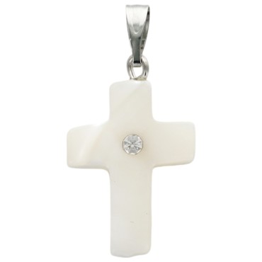 Croix de cou en coquille naturelle avec zircon au centre, H. 2 cm