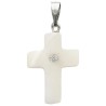 Croix de cou en coquille naturelle avec pierres OZ au centre, H. 2 cm.